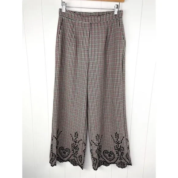 Sfizio Houndstooth Embroidered Eyelet Hem Wide Leg Pants Work Trousers 4 - Picture 4 of 16